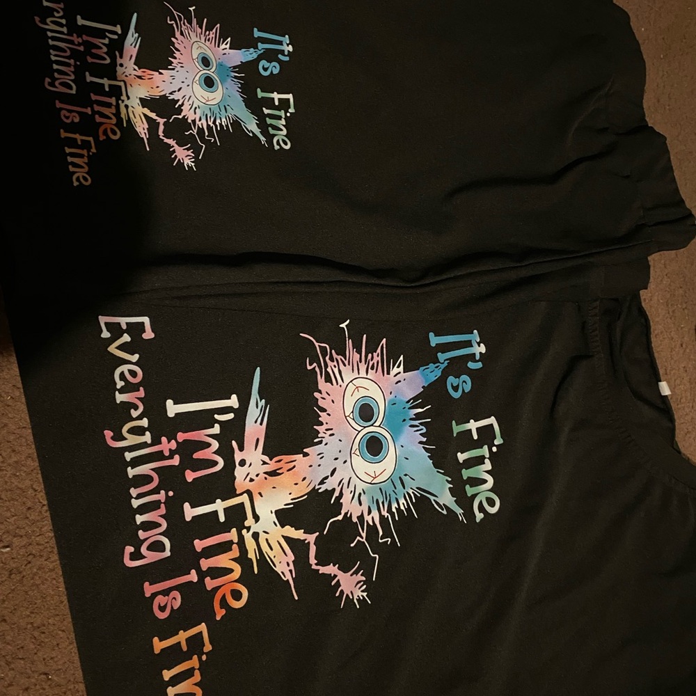 Black Tee and Shorts set with Colorful Cat Graphic